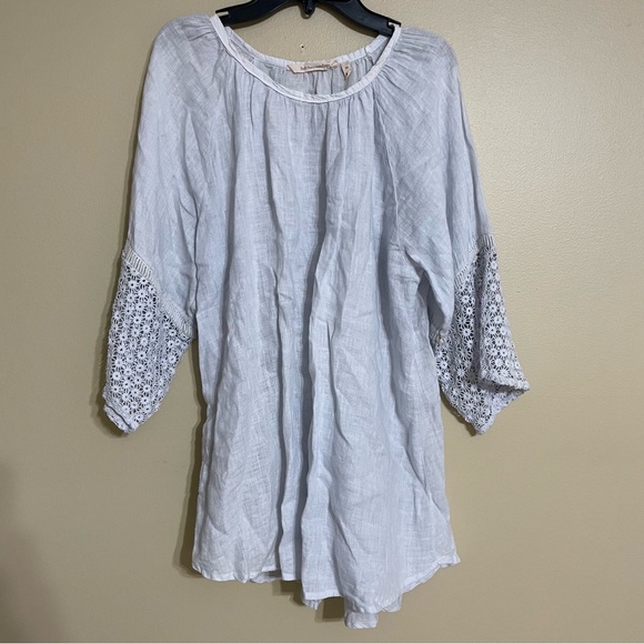 Soft Surroundings 100% linen baby blue tunic with crochet‎ lace bell sleeves XS - Picture 1 of 6